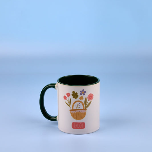 11oz Dark Green Mug with floral design and 'ENJOY' text on a gradient background