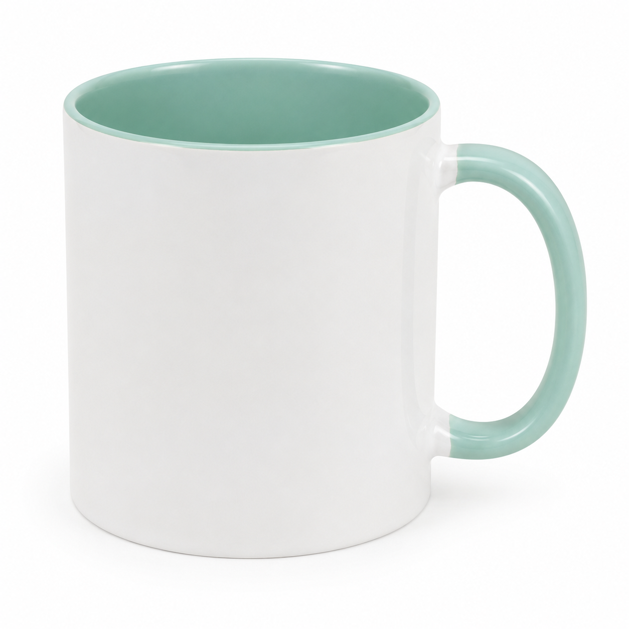 White mug with a mint green interior and handle on a white background