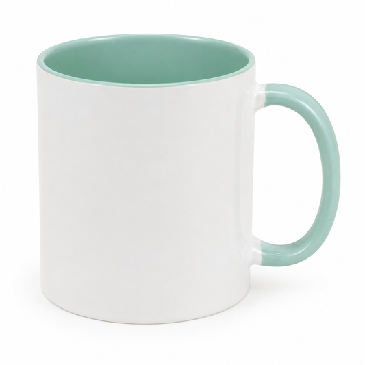 White mug with a mint green interior and handle on a white background